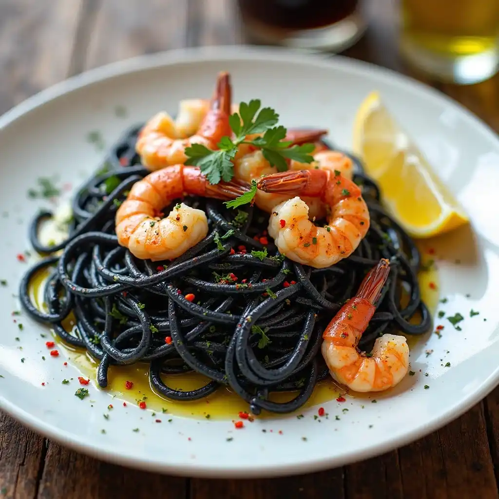 Squid Ink Tagliatelle with Garlic Prawns