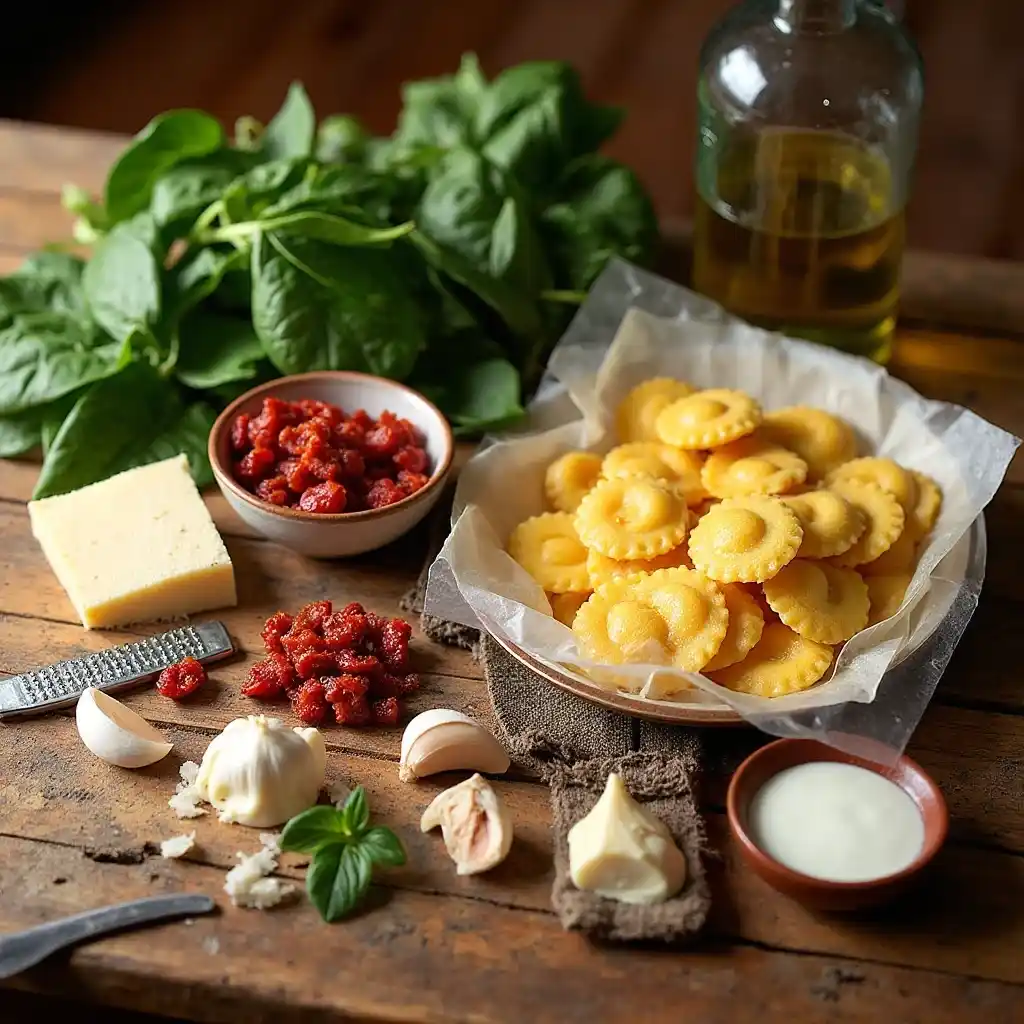creamy sun-dried tomato and spinach ravioli