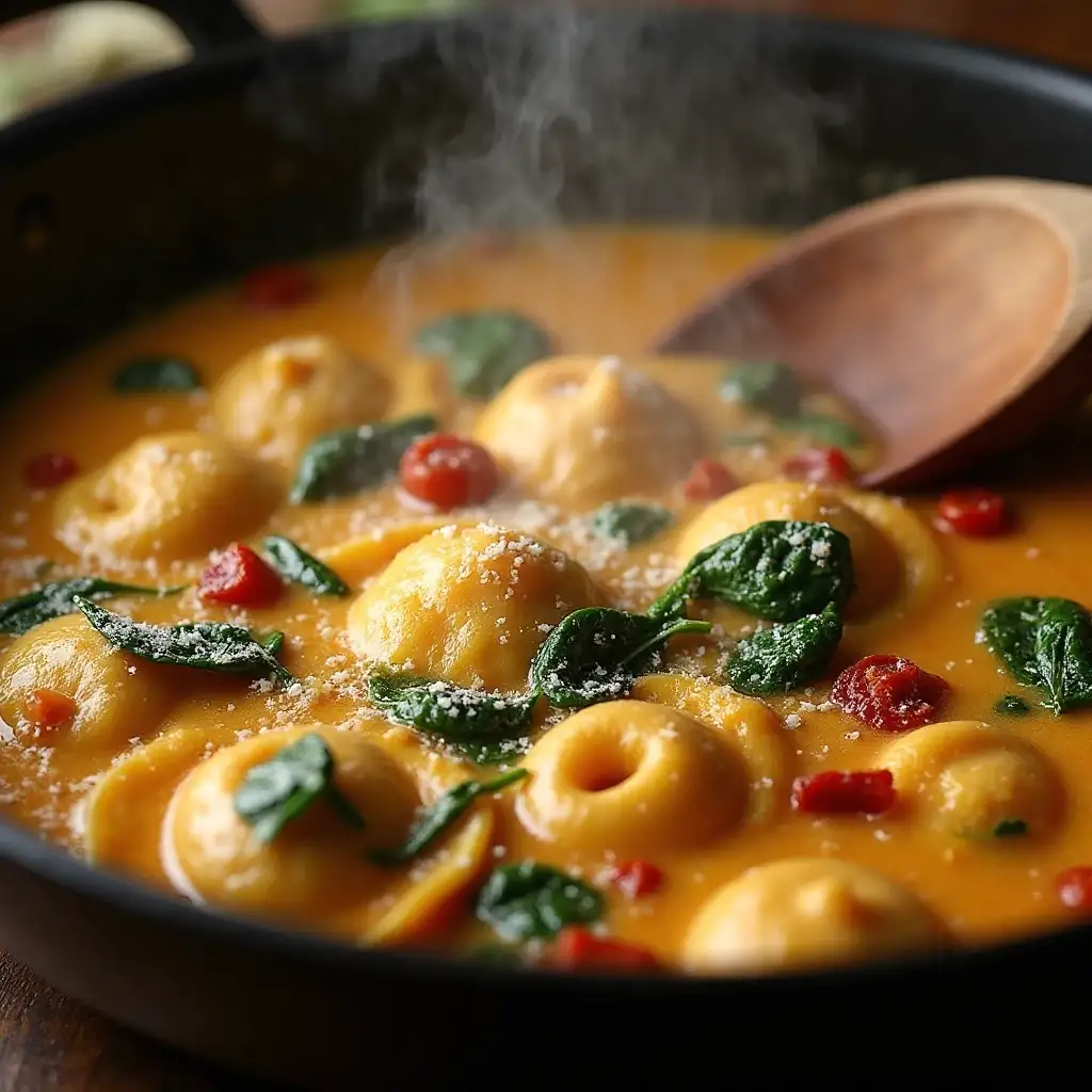 creamy sun-dried tomato and spinach ravioli