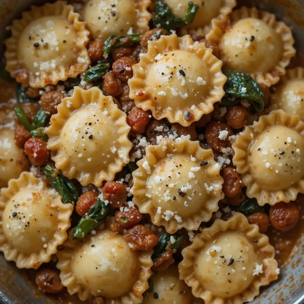 creamy sun-dried tomato and spinach ravioli