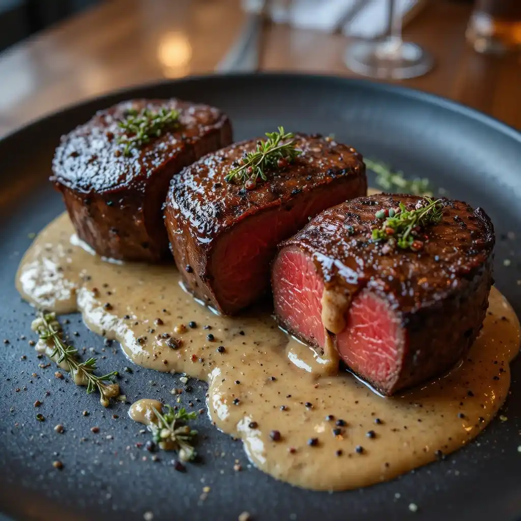 Seared Filet Mignon with Shallot Peppercorn Cream Sauce