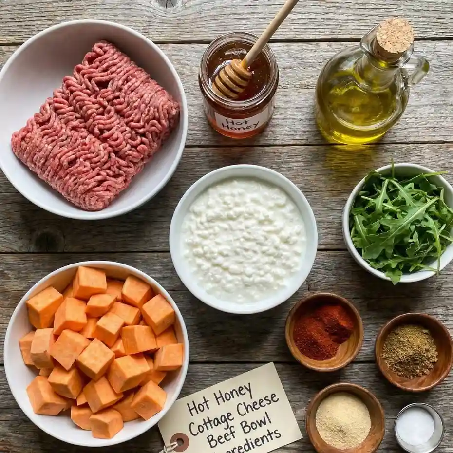 Hot honey cottage cheese sweet potato beef bowl