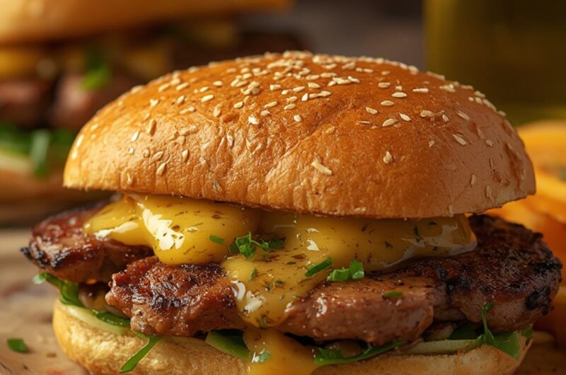 Gooey Garlic Butter Steak Sandwich cooking