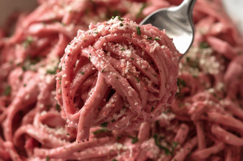 Pink Beet Alfredo Pasta cooking